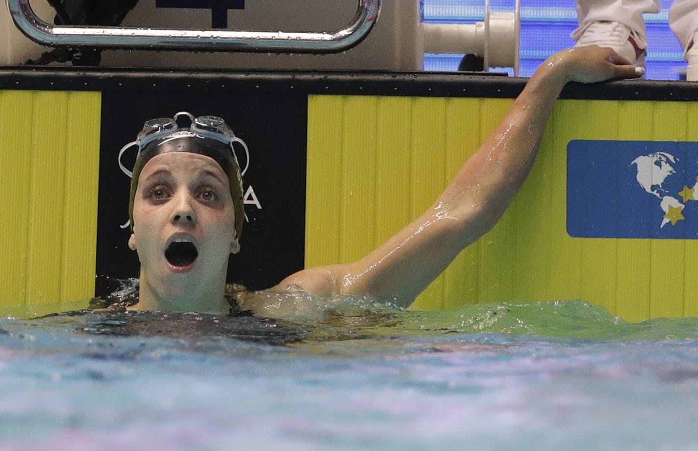 United States' Regan Smith reacts after her women's 200m backstroke semifinal at the World Swimming Championships in Gwangju, South Korea, Friday, July 26, 2019. (AP Photo/Mark Schiefelbein)