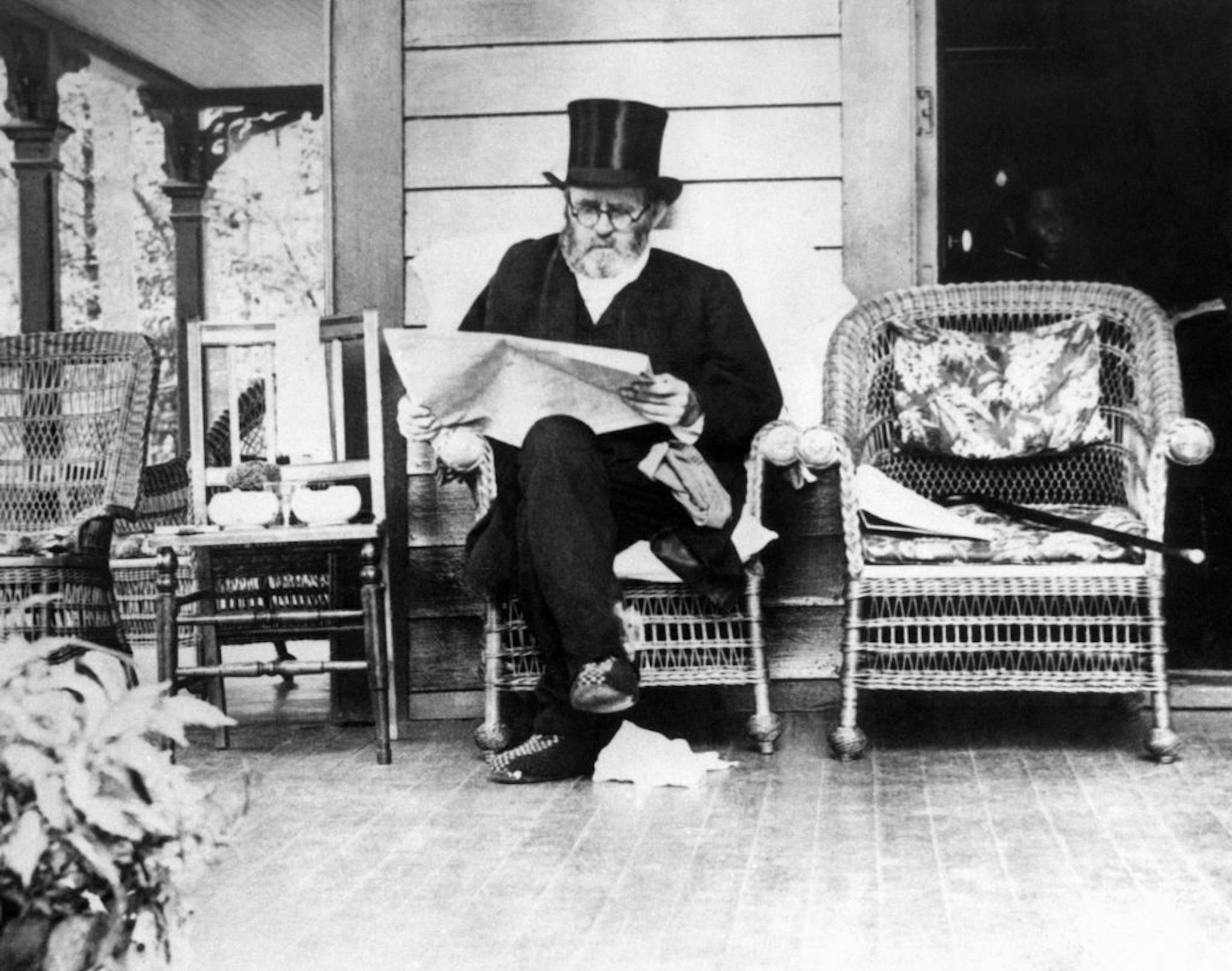 General Ulysses S. Grant, the 18th president of the U.S., reading on the porch of Drexel Cottage near Saratoga Springs, New York on July 20, 1885, where he died of throat cancer a few days later. This photo was made available by Stefan Lorant, Hungarian-born naturalized American author and historian.