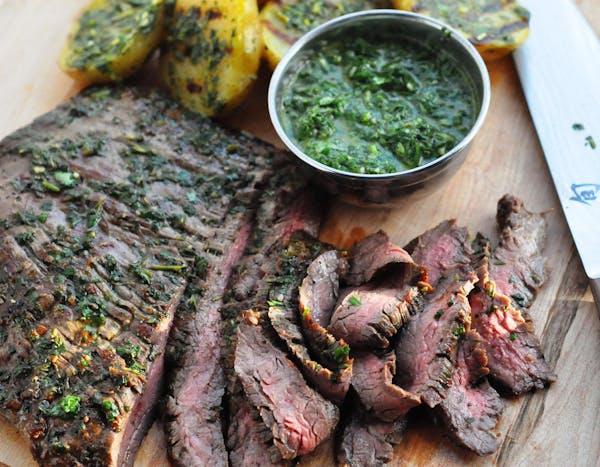 Credit: Meredith Deeds, Special to the Star Tribune Grilled Herbed-Basted Steak and Potatoes for healthy family.