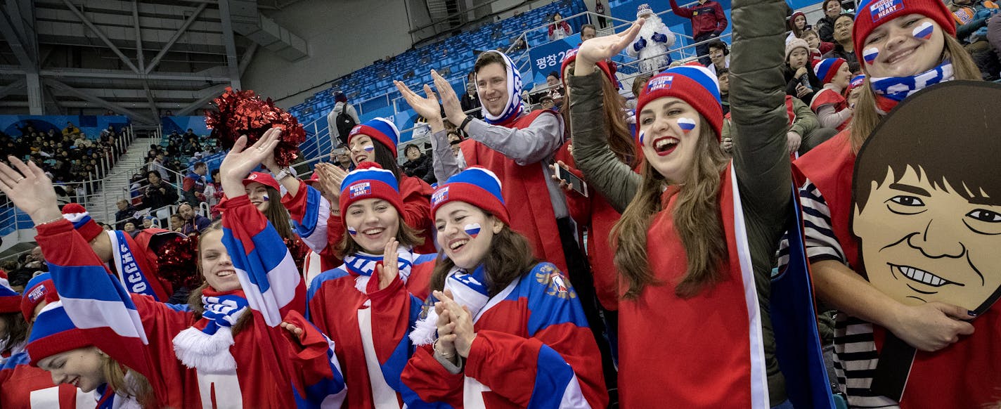 Russian fans at Gangneung Hockey Centre to watch Olympic Athlete form Russia vs. Slovenia. ] CARLOS GONZALEZ &#x2022; cgonzalez@startribune.com - February 16, 2018, South Korea, 2018 Pyeongchang Winter Olympics, Biathlon - Gangneung Hockey Centre,