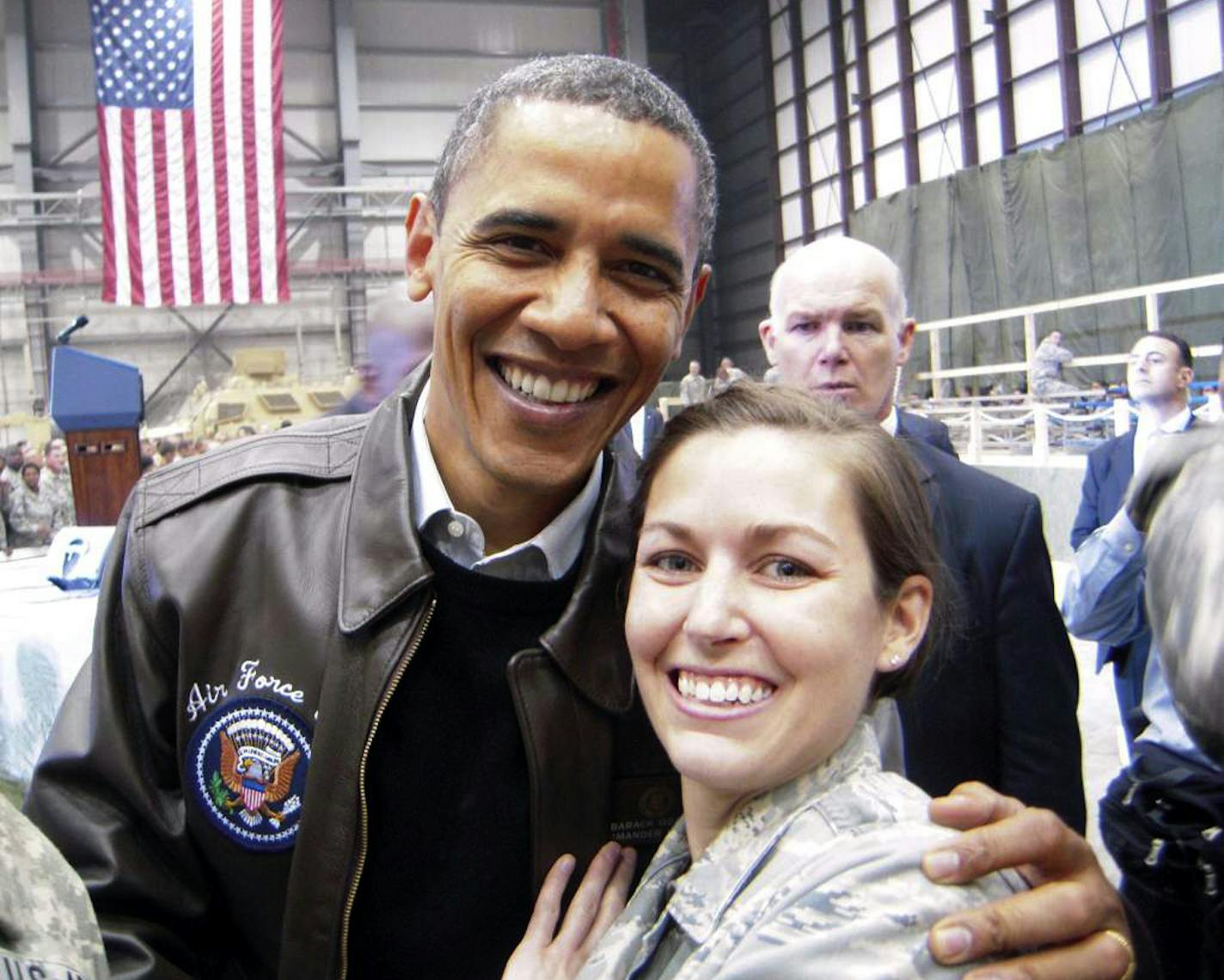 COURTESY ALICIA PERRY. Alicia Perry and of her and President Obama during his visit to Bargam Air Base in Afghanistan Dec. 3, 2010.