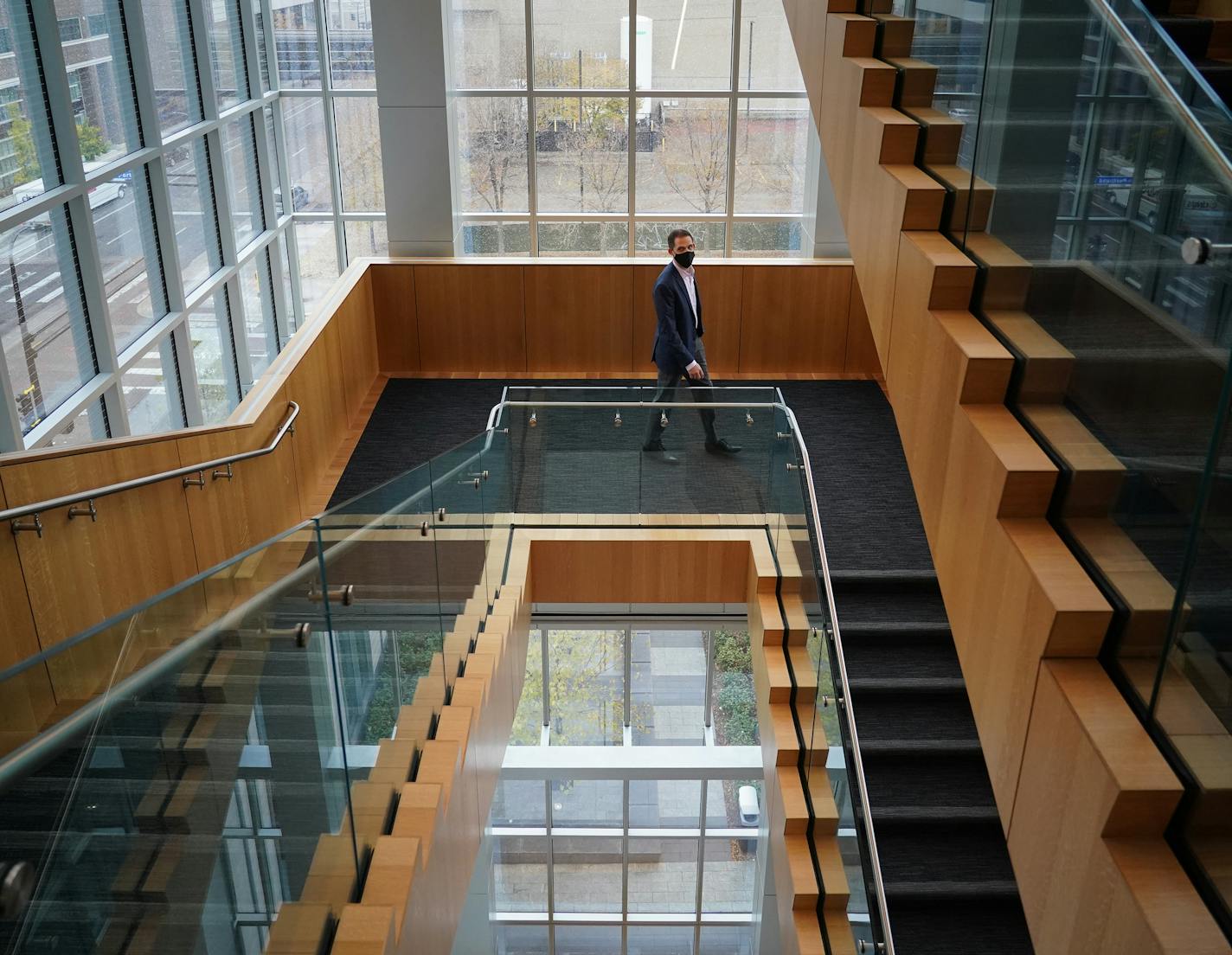 Eric Merriman, Thrivent director of real estate, walked the open stairway that runs through the heart of the new headquarters. ] Shari L. Gross • shari.gross@startribune.com Thrivent unveiled its new $125 million headquarters building in downtown Minneapolis.