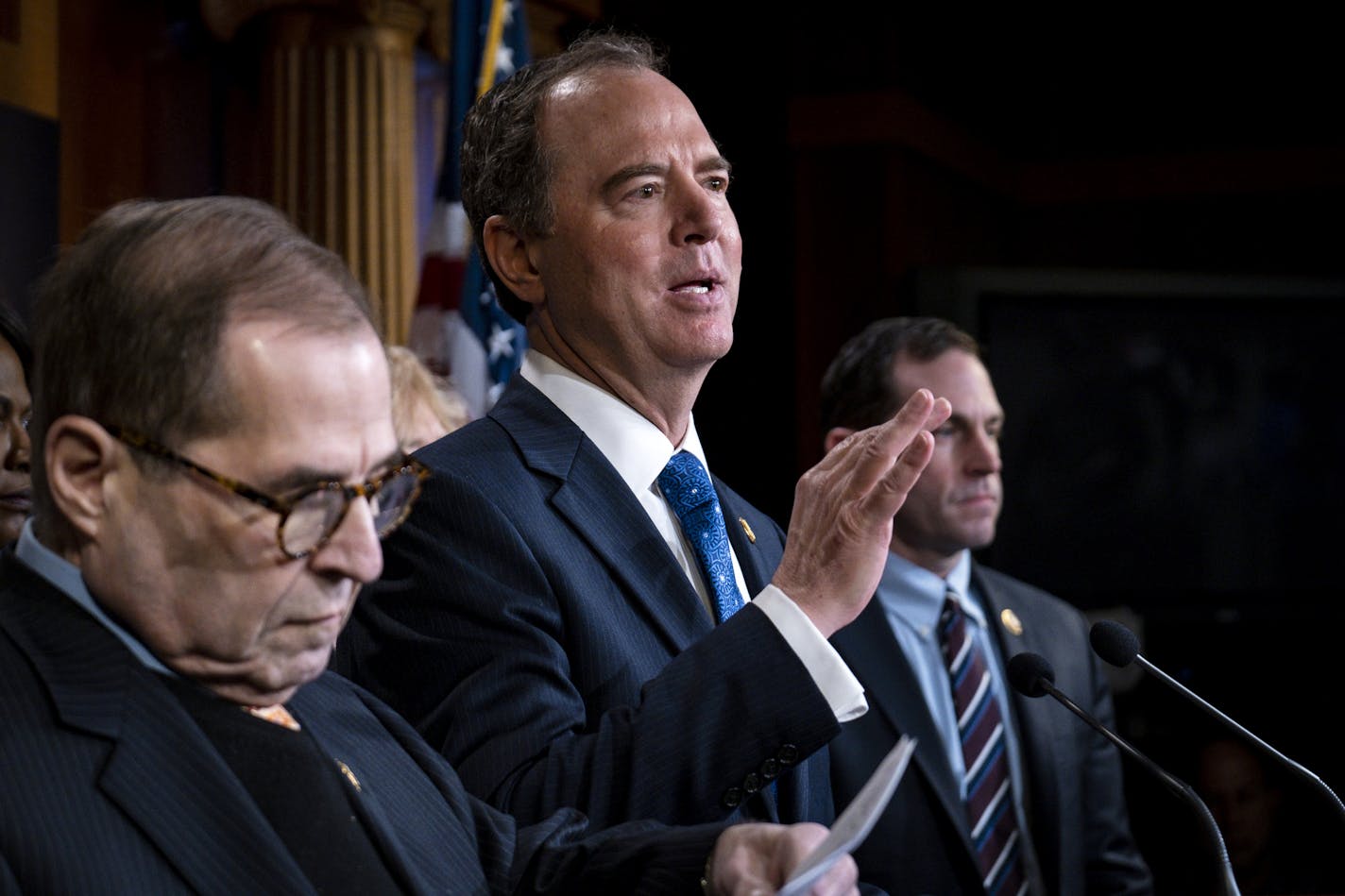 Rep. Adam Schiff (D-Calif.), right, joined by Rep. Jerrold Nadler (D-N.Y.), during a press conference at the Capitol after the day's Senate impeachment trial of President Donald Trump in Washington, on Jan. 25, 2020. Republicans want to cast Trump&#x2019;s impeachment as a narrow argument over aid to Ukraine and Democrats want to describe it as part of a broader struggle with Russia. (Pete Marovich/The New York Times)