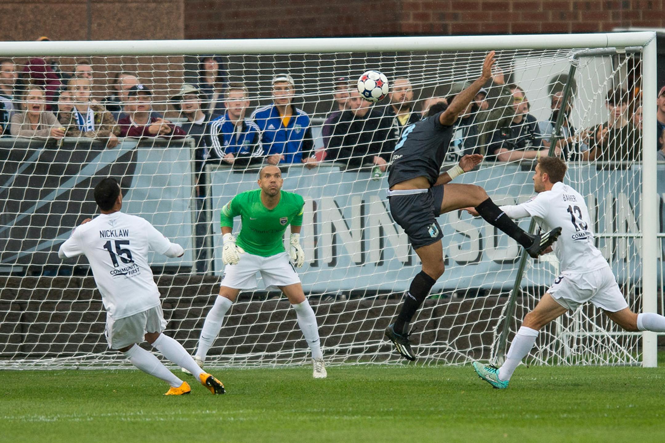 Minnesota United FC's Pablo Campos nearly scored off a header against Jacksonville Armada FC goalkeeper David Sierra in the first half. ] Aaron Lavinsky • aaron.lavinsky@startribune.com Minnesota United FC played Jacksonville on Saturday, May 23, 2015 at the National Sports Center in Blaine.