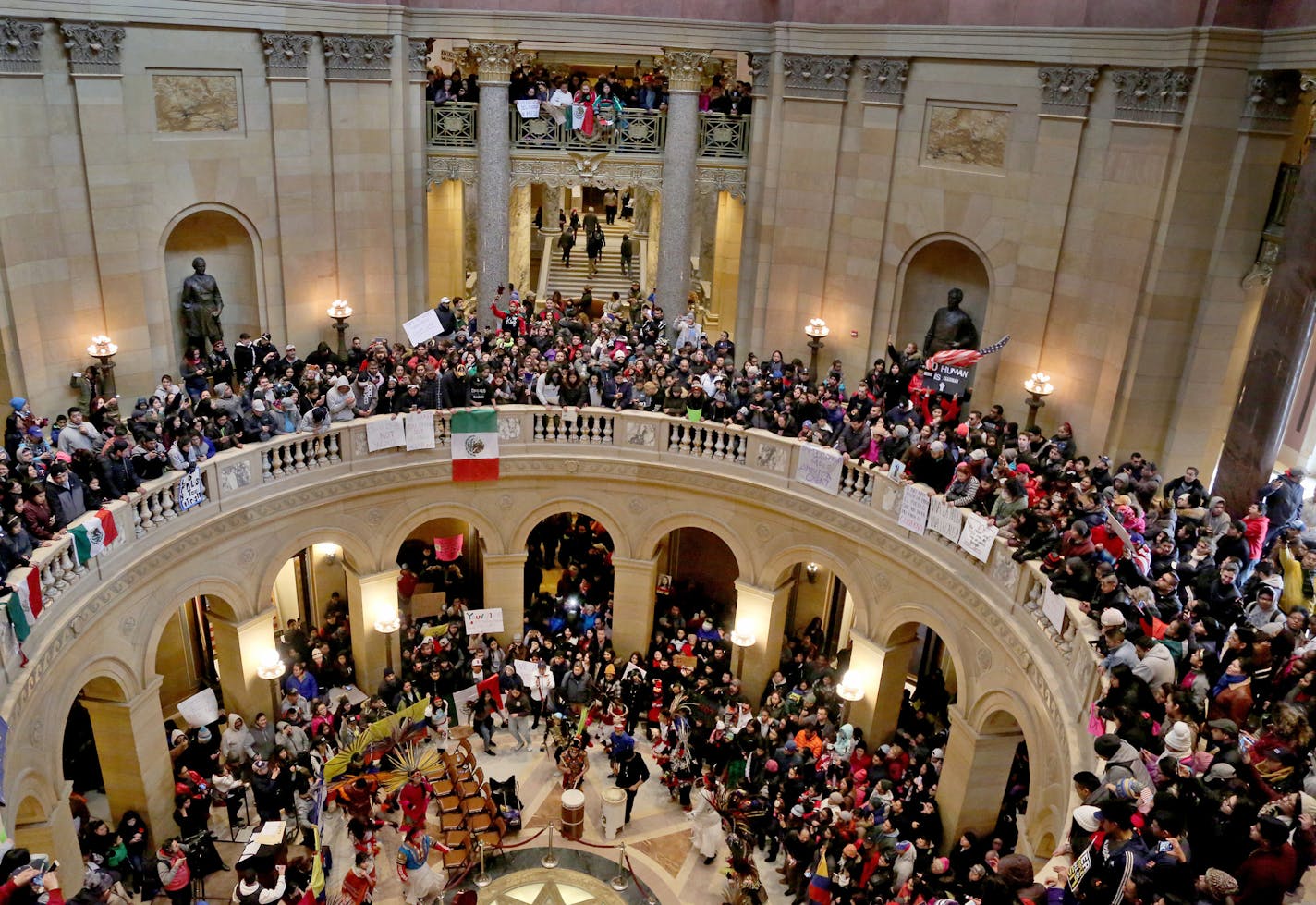 A large crowd of "Day Without Immigrants" participants filled much of the inside of the Minnesota State Capitol on Thursday.