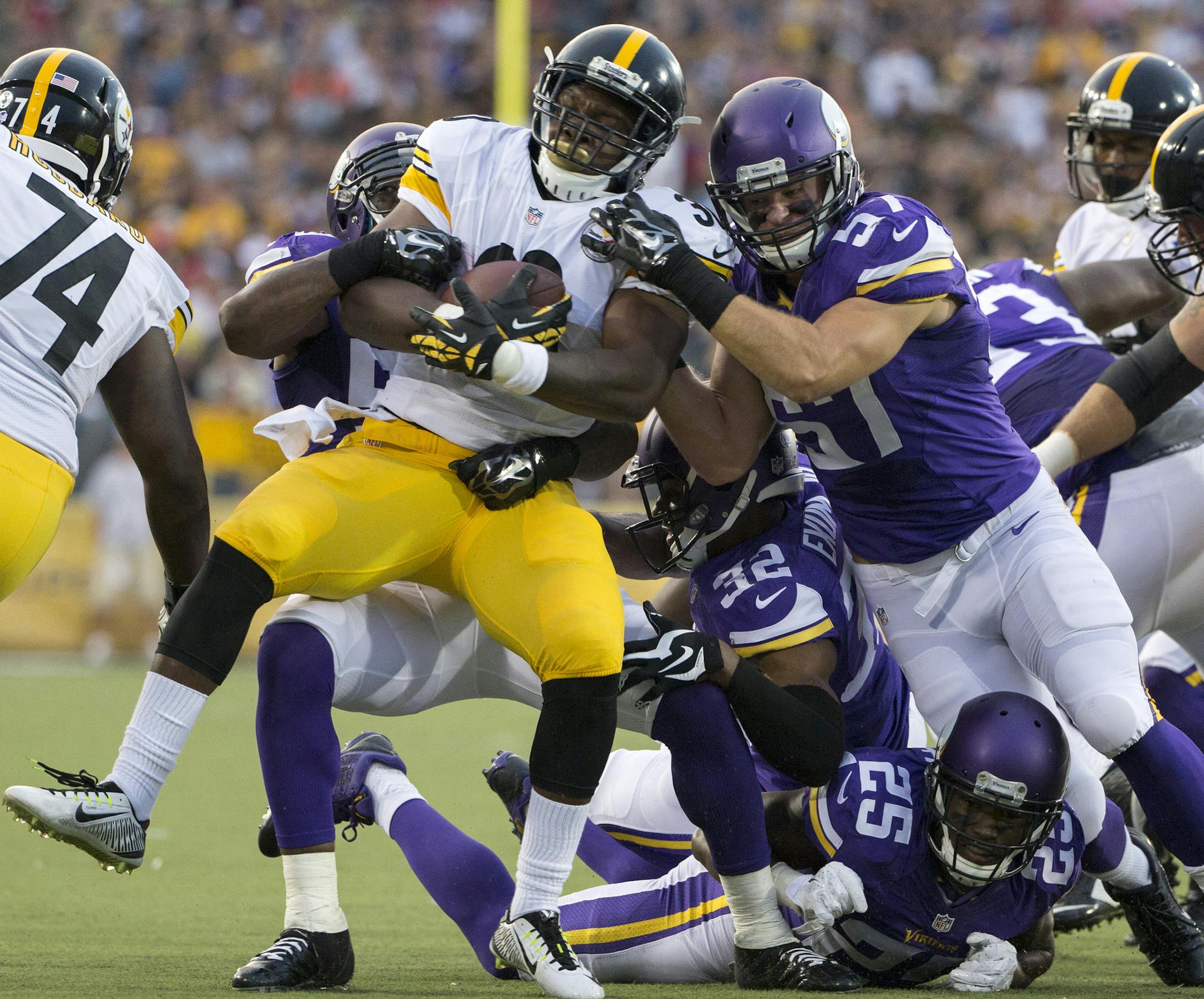 Pittsburgh Steelers' Kevin Fogg is stopped by the Minnesota Vikings defense during the first quarter of the 2015 NFL Hall of Fame Game on Sunday, Aug. 9, 2015, at Tom Benson Hall of Fame Stadium in Canton, Ohio. (Brian Peterson/Minneapolis Star Tribune/TNS) ORG XMIT: 1172055