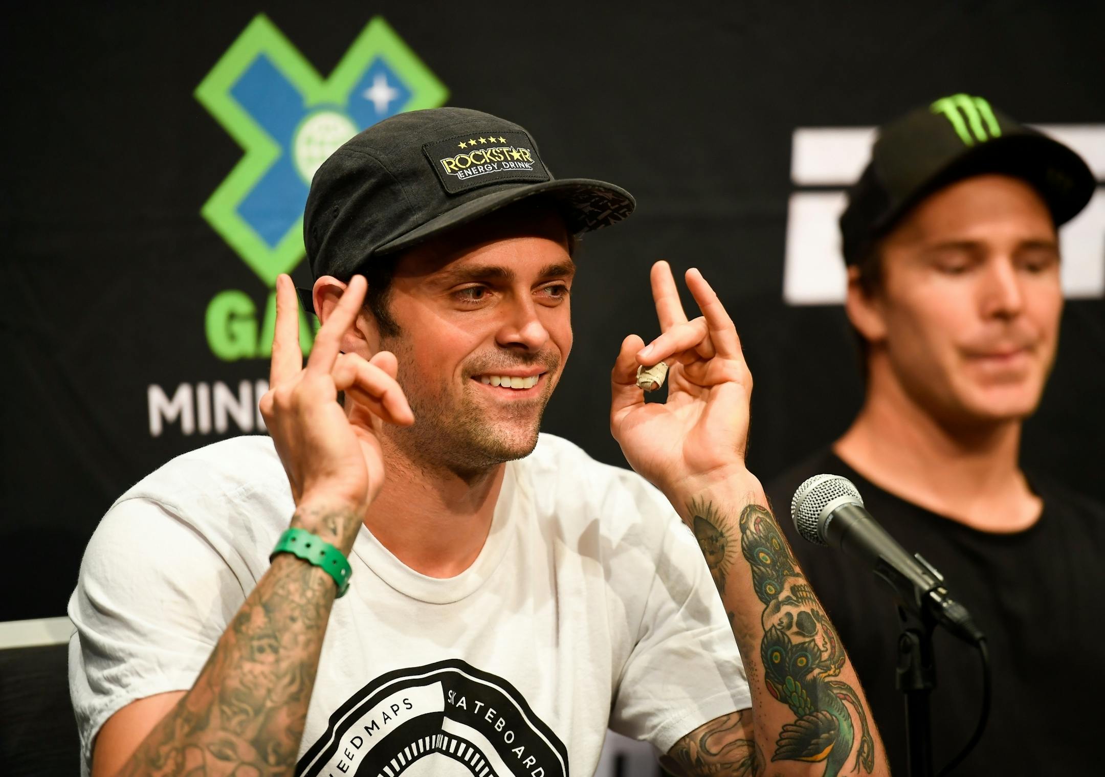 Defending big air gold medalist Elliot Sloan gestured to attendees of Wednesday afternoon's athletes panel as he was introduced along with other panelists. Sloan has medaled nine times in twelve X Games appearances and will also DJ an opening set before Zedd's performance Sunday.