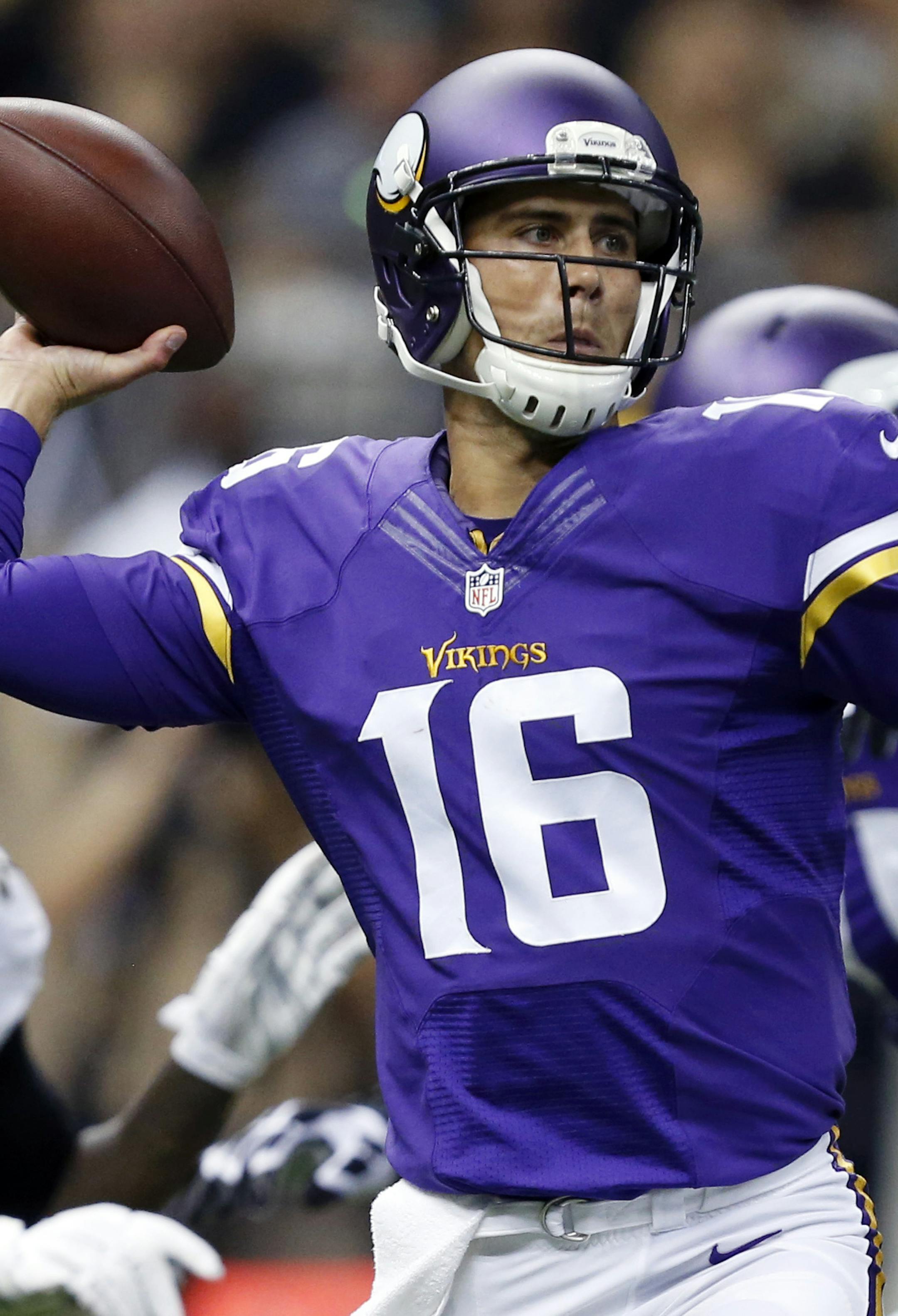 Minnesota Vikings quarterback Matt Cassel (16) passes in the first half of an NFL football game against the Minnesota Vikings in New Orleans, Sunday, Sept. 21, 2014. (AP Photo/Rogelio Solis) ORG XMIT: NYOTK