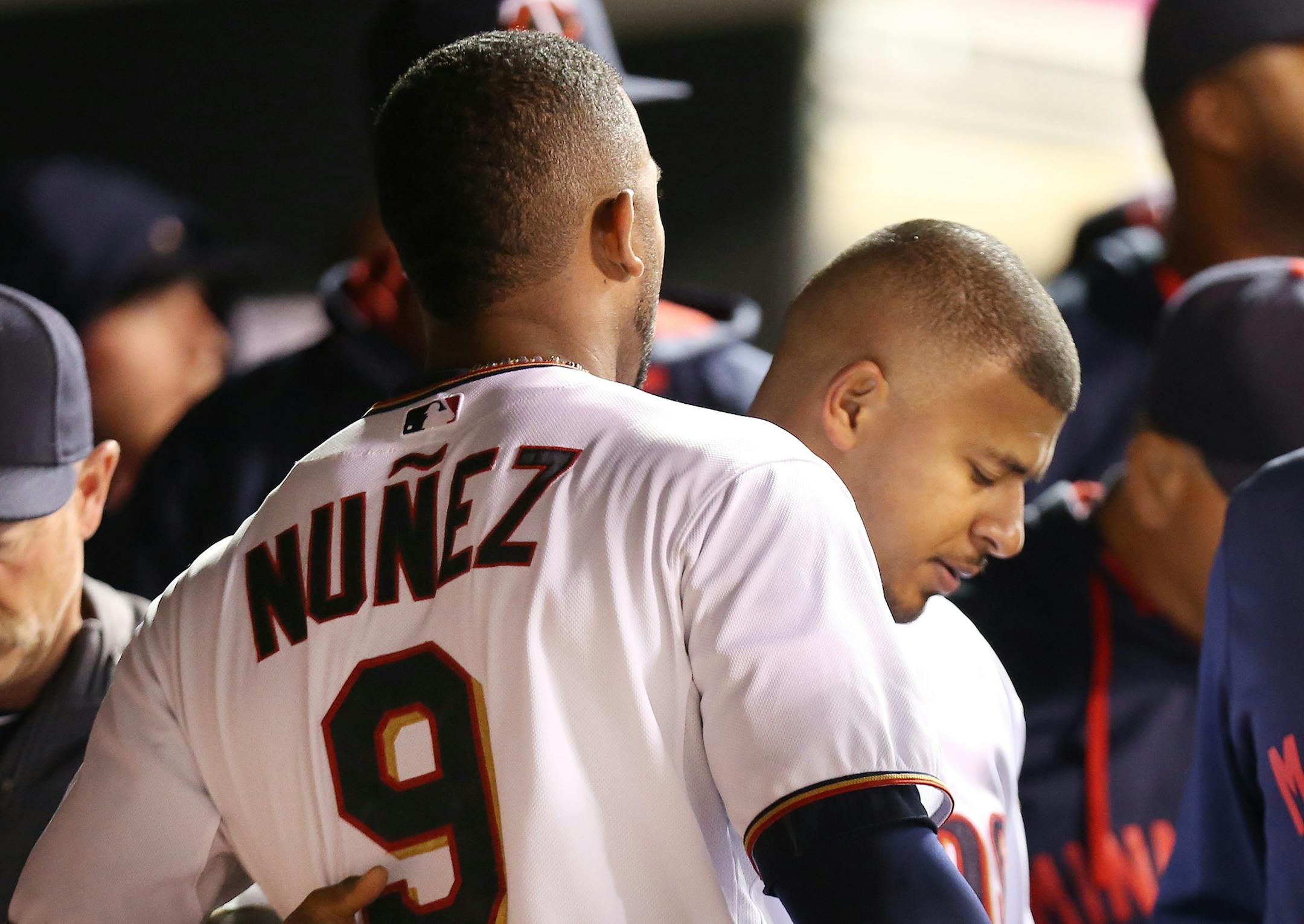 Minnesota Twins 2nd baseman (5) celebrated with Eduard Nunez after he scored in the 7th inning Tuesday April 28, 2015 in Minneapolis, Minnesota at Target Field. Minnesota Twins hosted the Detroit Tigers at Target Field.] Jerry Holt/ Jerry.Holt@Startribune.com