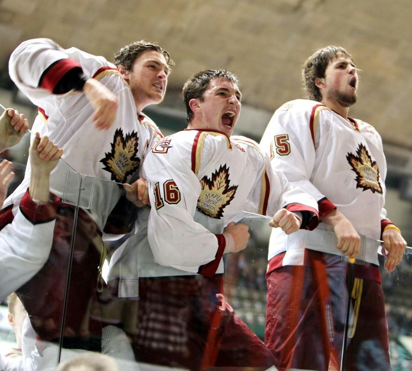 Maple Grove's Dylan Steman, left, Josh Augustine, center, and Alex Mason celebrated their 15-1 victory over Blaine in the Class 2A, Section 5 title game last week at the Warner Coliseum in Falcon Heights.