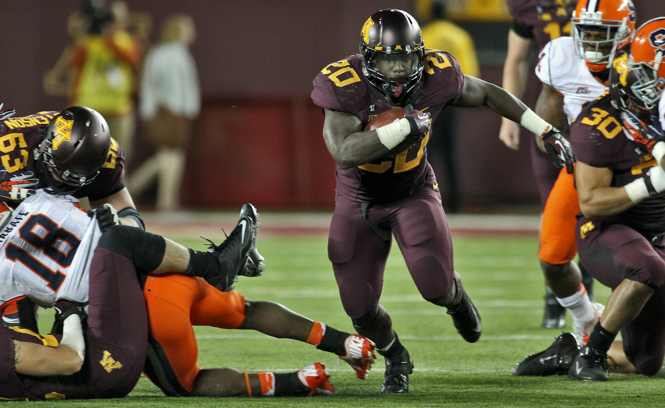 Gophers running back Donnell Kirkwood (20) had over 100-yards rushing against Syracuse on Sept. 22, 2012.