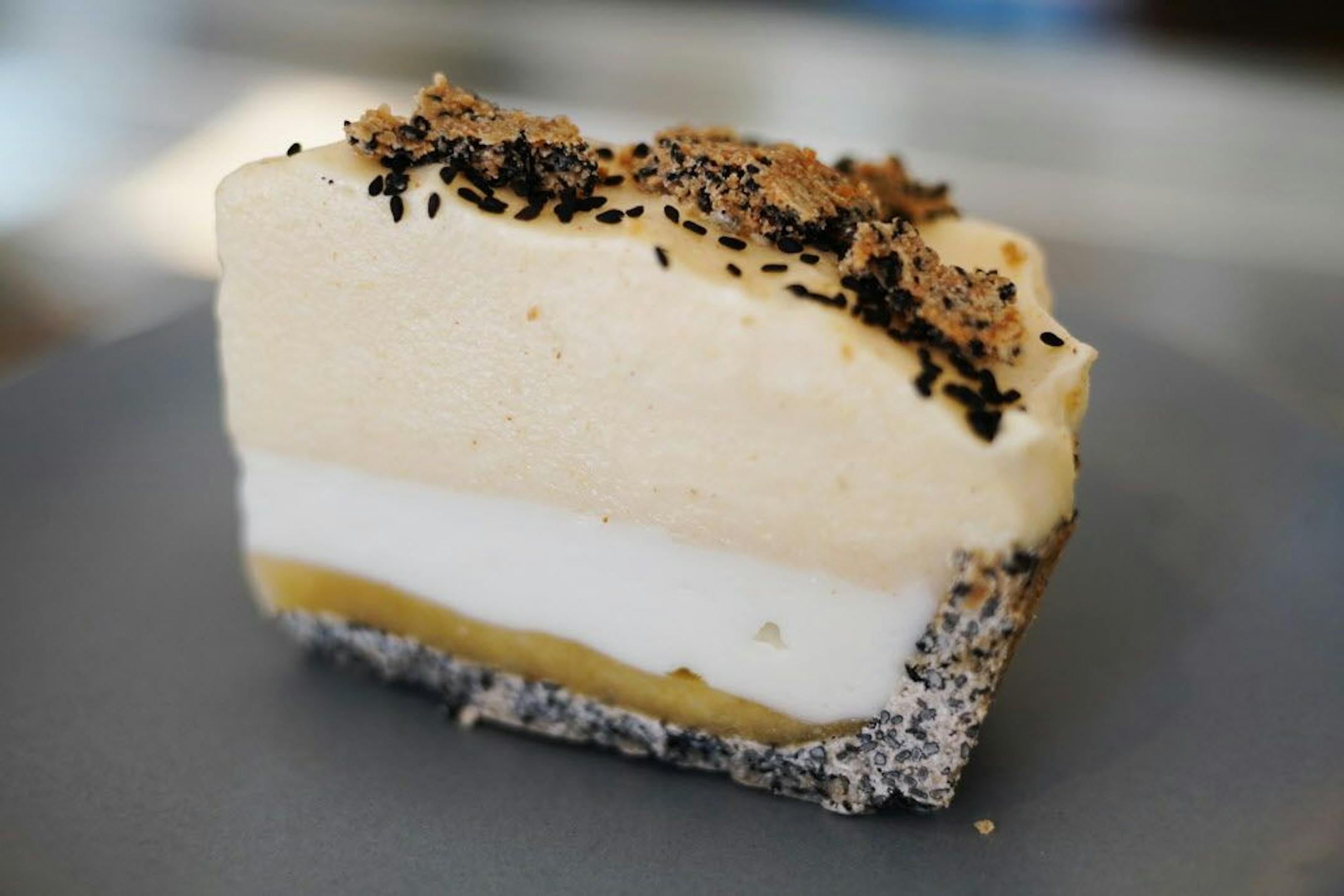 The ice cream pie with Riesling pear sorbet, ginger coconut sorbet, and sesame crumble.