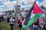 Protesters against the war in Gaza gathered outside the Duluth Convention Center during the DFL State Convention on June 1.