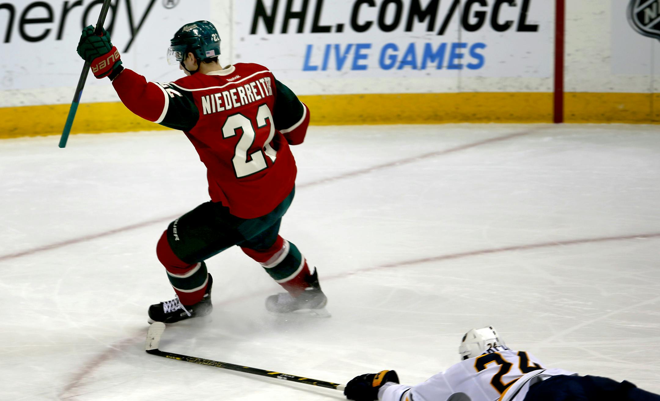 Nino Niederreiter (22) celebrated after scoring his third goal of the game in the third period. Minnesota beat Buffalo 6-3. ] CARLOS GONZALEZ cgonzalez@startribune.com - November 13, 2014, St. Paul, Minn., Xcel Energy Center, NHL, Minnesota Wild vs. Buffalo Sabres