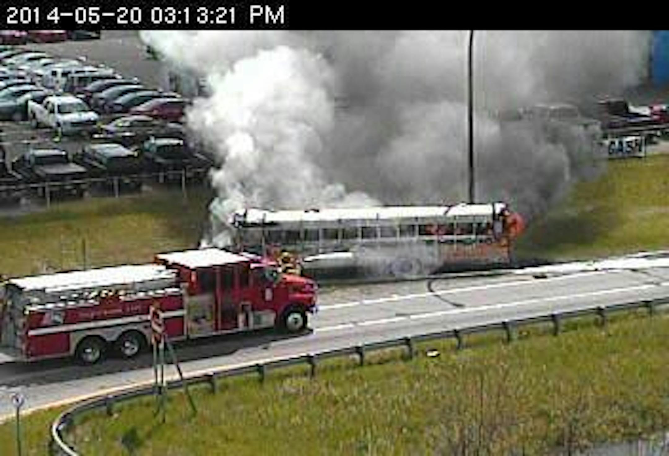 A school bus caught fire Tuesday afternoon on eastbound Interstate 94 at Century Avenue. No students were on board.