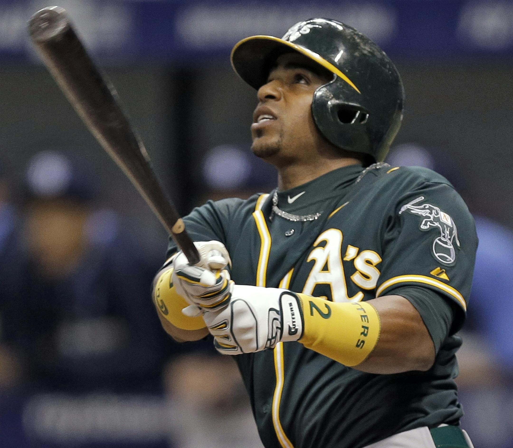Oakland Athletics' Yoenis Cespedes follows the flight of his RBI sacrifice fly off Tampa Bay Rays relief pitcher Josh Lueke during the 11th inning of a baseball game Thursday, May 22, 2014, in St. Petersburg, Fla. Oakland's Josh Donaldson scored on the play. The Rays won 5-2. (AP Photo/Chris O'Meara) ORG XMIT: SPD116