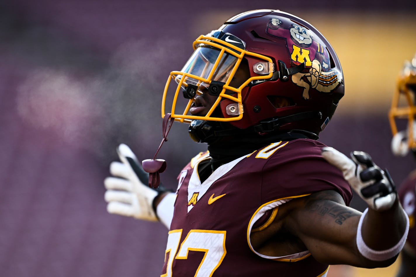 Minnesota Gophers defensive back Tyler Nubin (27) warms up before the start of an NCAA football game against the Iowa Hawkeyes Saturday, Nov. 19, 2022 at Huntington Bank Stadium in Minneapolis, Minn.. ] AARON LAVINSKY • aaron.lavinsky@startribune.com