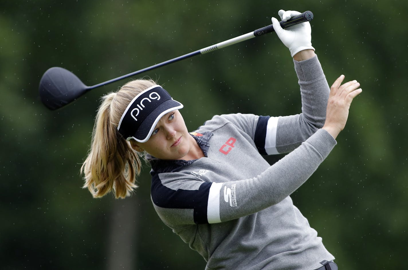 Brooke Henderson, of Canada, watches her tee shot on the 17th hole during the final round of the Meijer LPA Classic golf tournament, Sunday, June 16, 2019, in Grand Rapids, Mich. (AP Photo/Al Goldis)