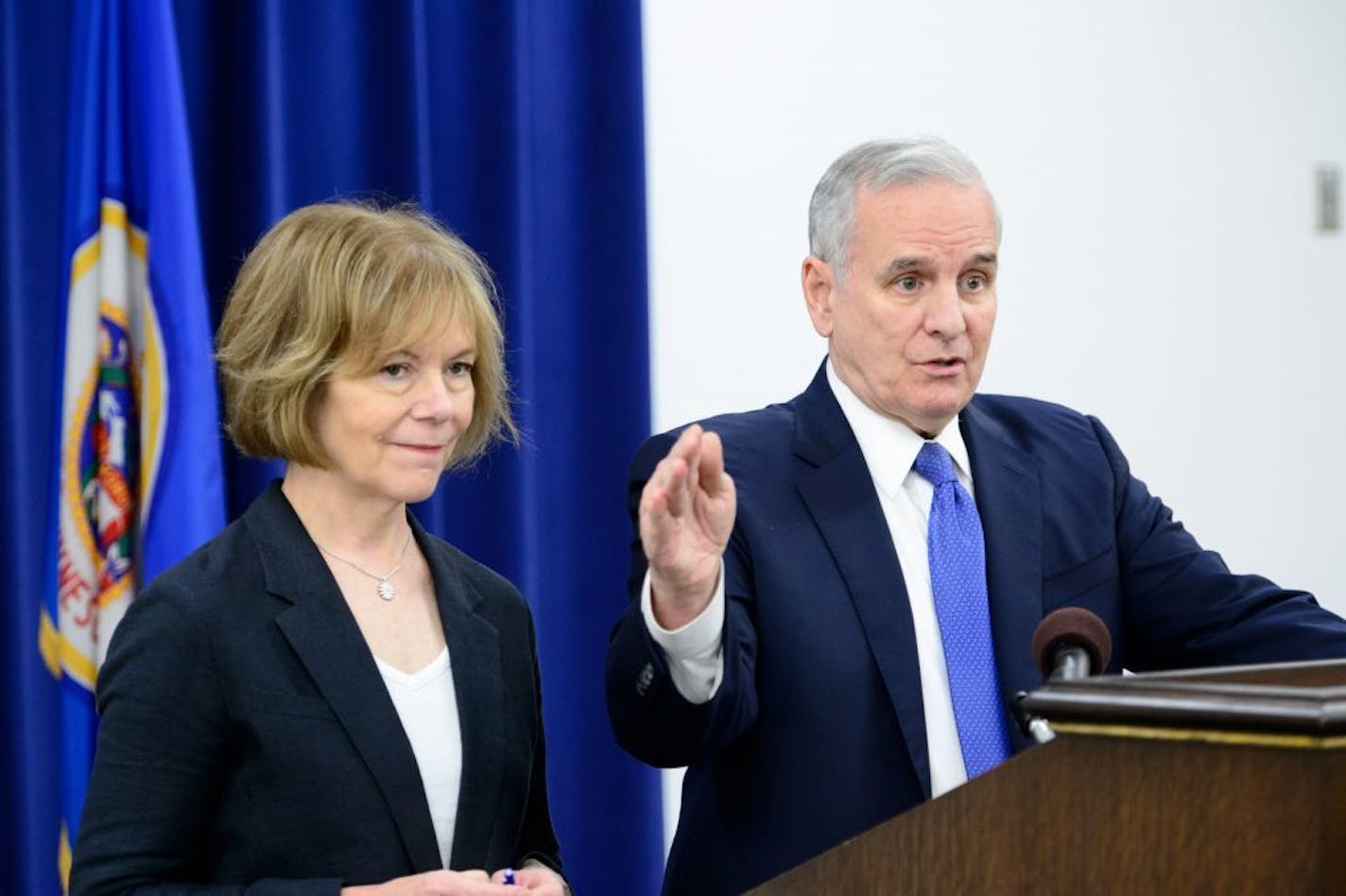 Governor Mark Dayton and Lt. Governor Tina Smith at a news conference Monday.