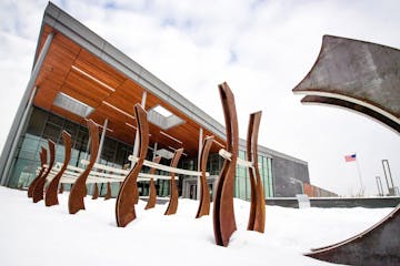 The new library in Brooklyn Park's artist-designed bike rack.