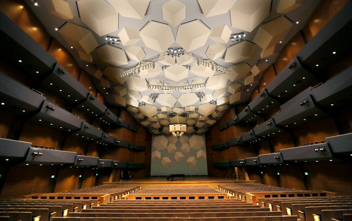 First look at the New Orchestra Hall. The large sound cubes "falling rock" have been retained, the seats wider with more leg room and the color scheme changed from orange to "thunder cloud" black/grey.