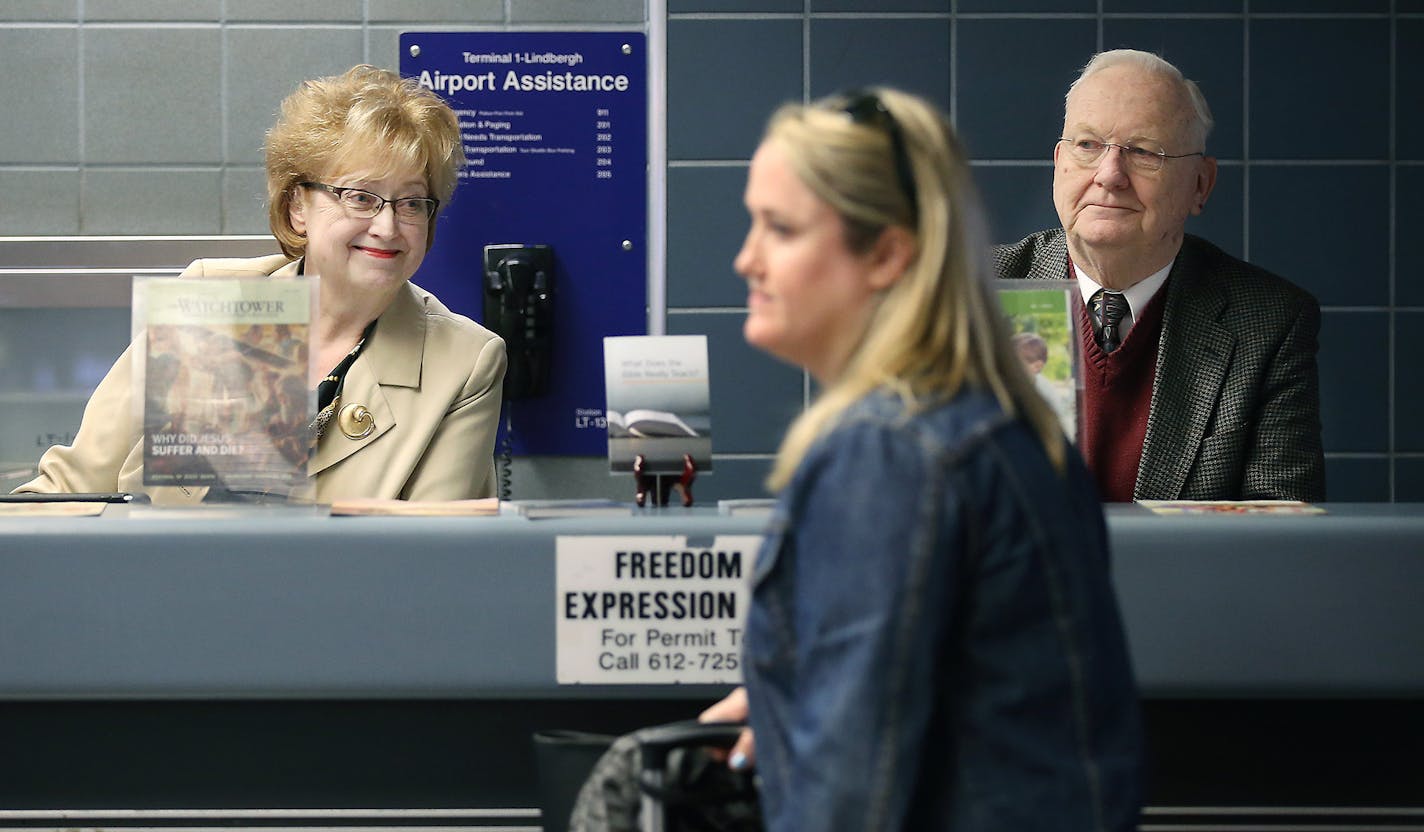 Gil Tornes, 73, and his wife, , spent time together behind a "Freedom of Expression Booth," at the Minneapolis-St. Paul Airport in hopes of spreading the news about the Jehova's Witness religion, Friday, March 14, 2016 in Bloomington, MN.