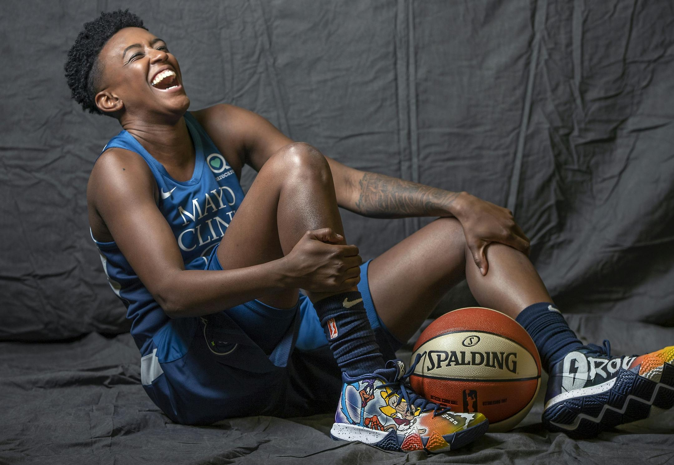 Minnesota Lynx guard Danielle Robinson broke out in laughter during a photo shoot during Media day at the Target Center, Thursday, May 16, 2019 in Minneapolis, MN.