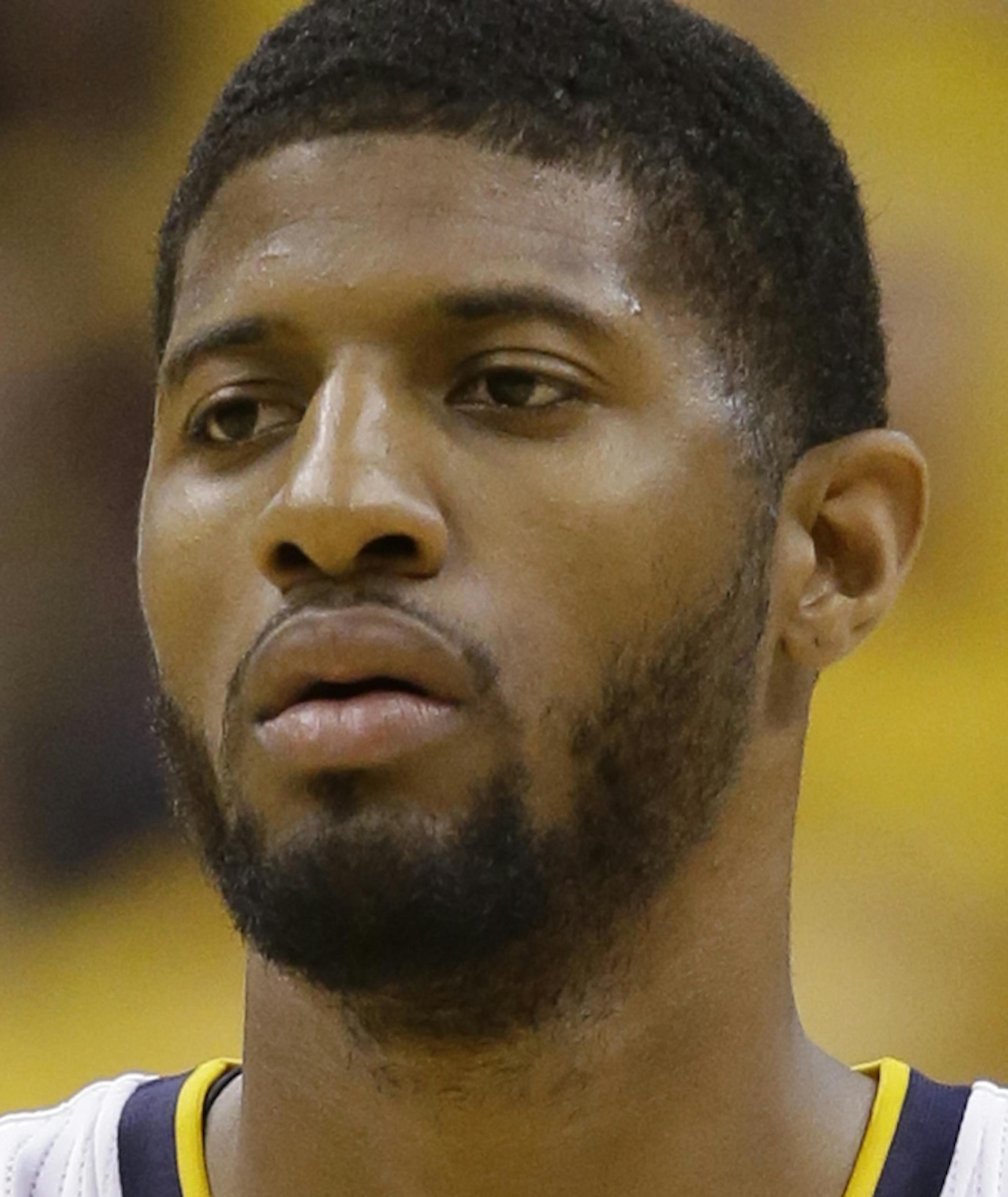 Indiana Pacers' Paul George (13) in action during the second half of Game 6 of an NBA first-round playoff basketball series against the Toronto Raptors, Friday, April 29, 2016, in Indianapolis. Indiana won 101-83. (AP Photo/Darron Cummings) ORG XMIT: NAF1