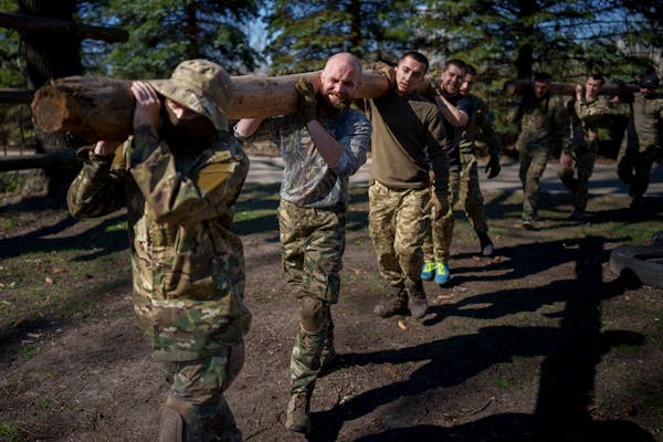 Recruits of the 3rd Assault Brigade train in the Kyiv region, Ukraine, Tuesday, April 9, 2024. (AP Photo/Vadim Ghirda)
