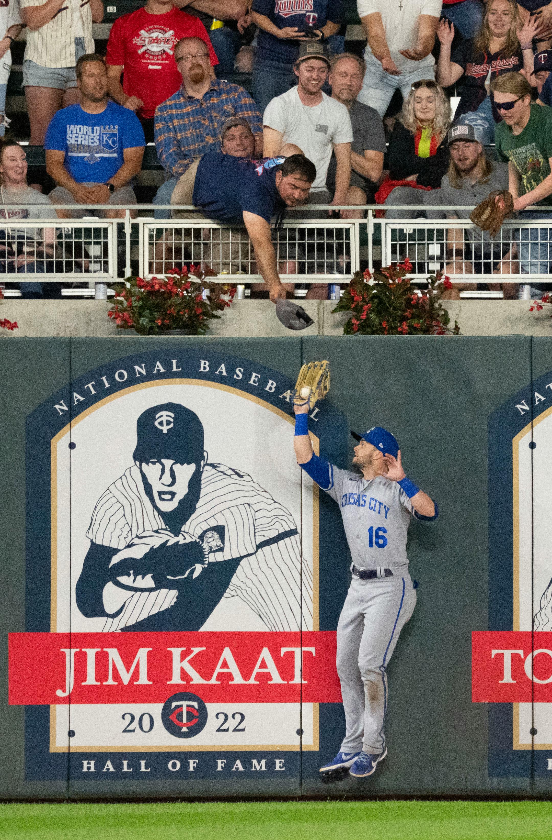 Kansas City Royals left fielder Andrew Benintendi (16) makes a catch on the wall as a fan leans over to try and catch the ball in his hat.