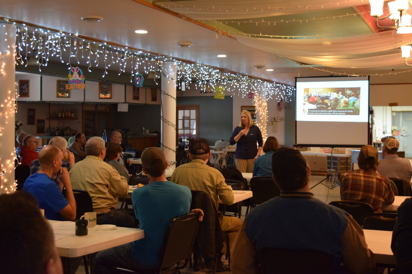 Dairy farmers gathered at the Greenwald Pub in Greenwald, Minn., on Tuesday, April 16, to discuss ideas for saving small dairies that are pressured by low prices for milk. The meeting, organized by the Wisconsin Farmers Union, drew dozens of farmers and staffers of Minnesota elected officials.