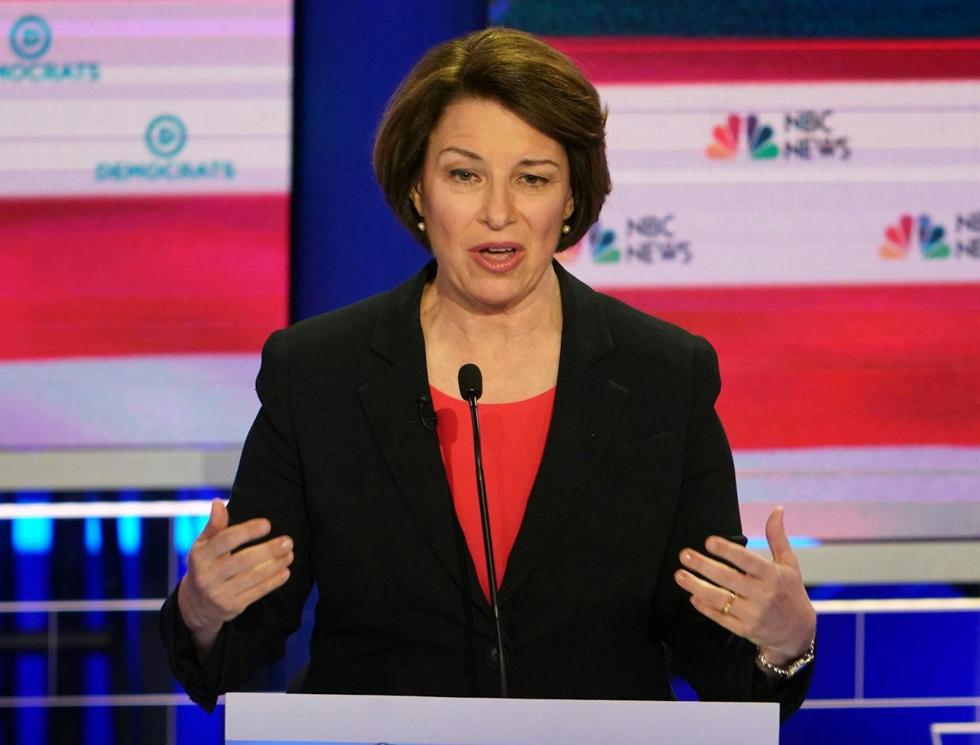 Sen. Amy Klobuchar (D-Minn.) speaks during the first Democratic presidential debate in Miami on Wednesday night, June 26, 2019. (Doug Mills/The New York Times)