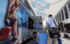 In this photo taken Wednesday, July 17, 2013, a Blue Cross Blue Shield of North Carolina trailer at the downtown farmer's market in Raleigh, N.C.