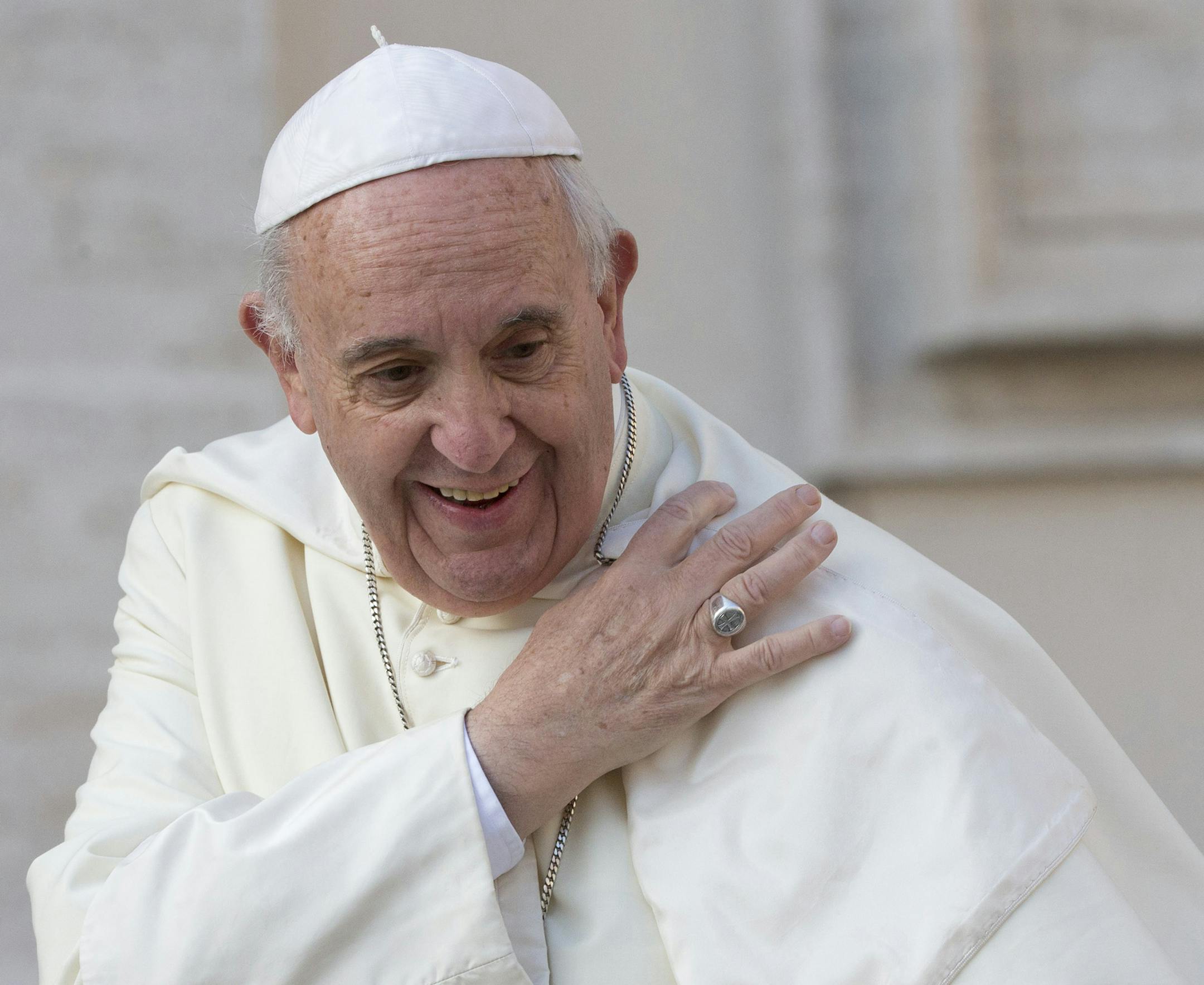 Pope Francis arrives for his weekly general audience in St. Peter's Square at the Vatican, Wednesday, Sept. 9, 2015. (AP Photo/Alessandra Tarantino) ORG XMIT: MIN2015091511450925