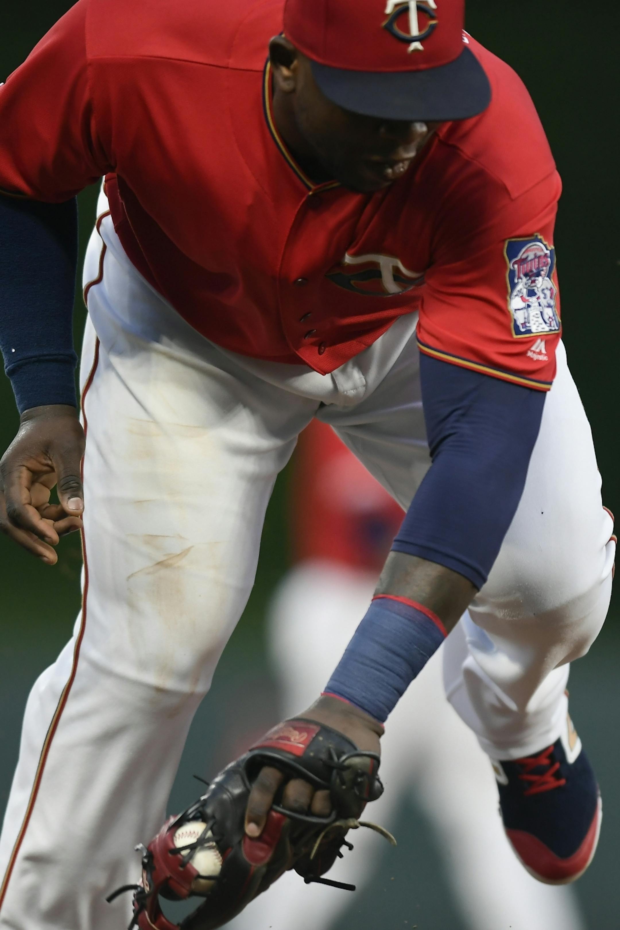 Minnesota Twins third baseman Miguel Sano (22) fielded a single hit by Kansas City Royals first baseman Ryan McBroom (9) in the top of the second inning.