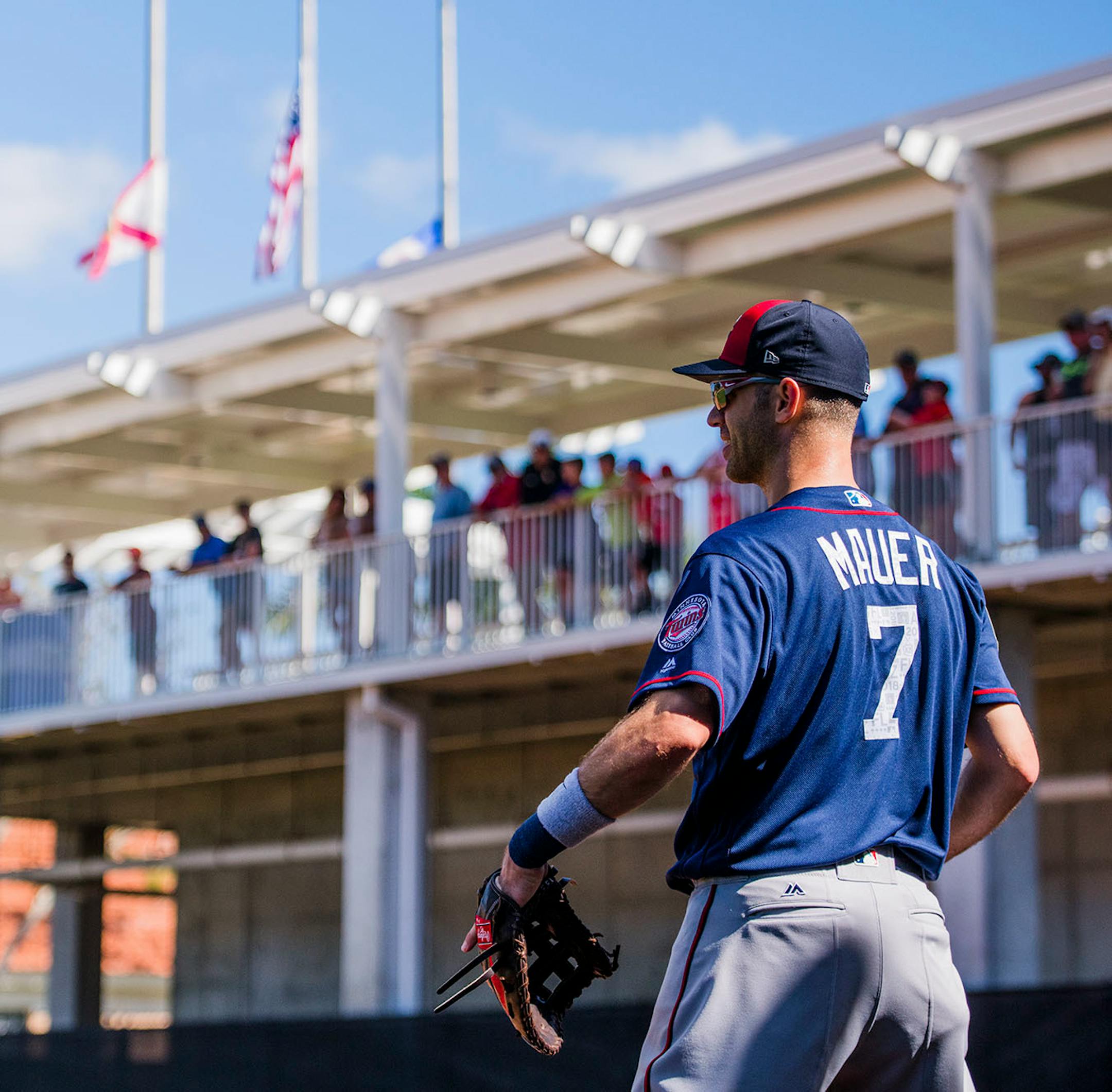 Twins first baseman Joe Mauer (7) worked out on a practice field.