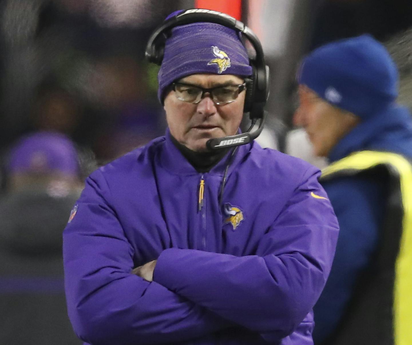 Vikings head coach Mike Zimmer walked the sidelines after a Bears pick six in the fourth quarter. ] JEFF WHEELER &#xef; jeff.wheeler@startribune.com The Minnesota Vikings lost to the Chicago Bears 25-20 in a Sunday Night Football game on November 18, 2018 at Soldier Field in Chicago.