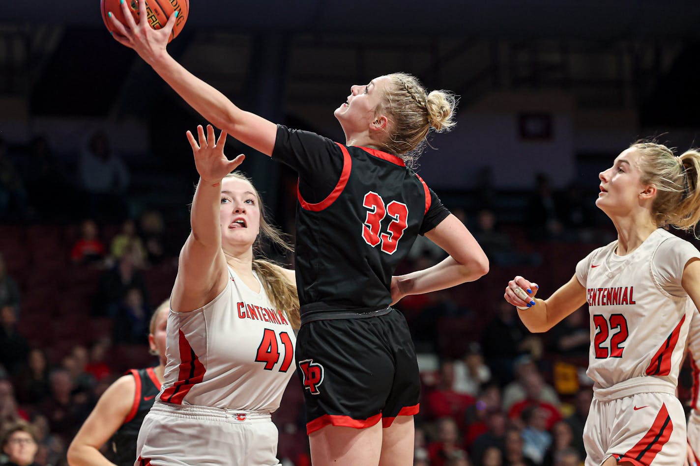 Class 4A girls basketball state tournament quarterfinal, Eden Prairie vs. Centennial, 3-15-23. Photo by Mark Hvidsten, SportsEngine