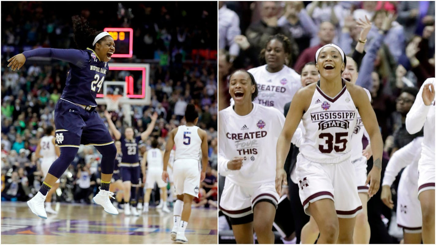 Notre Dame's Arike Ogunbowale (left) and Mississippi State's Victoria Vivians