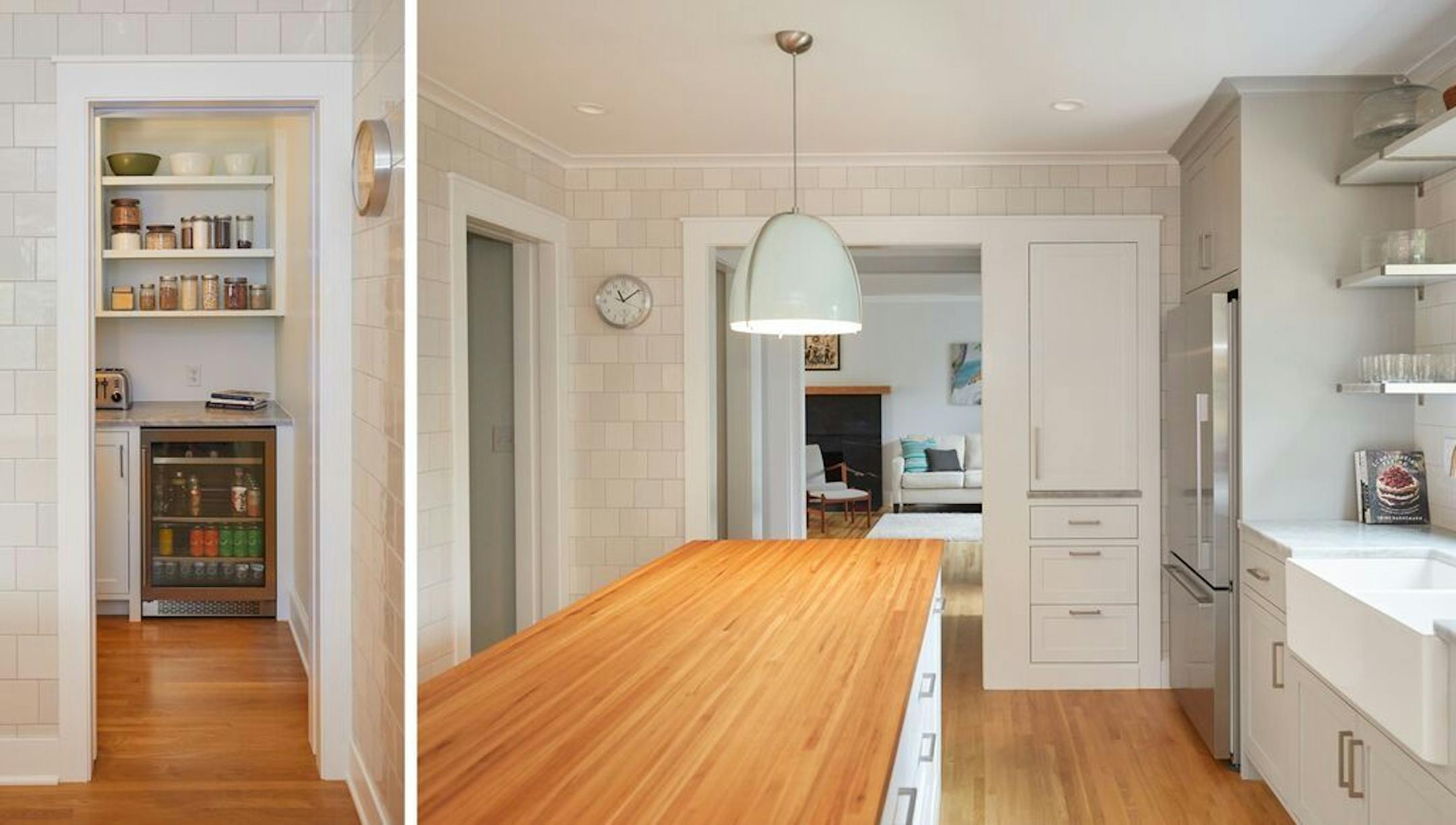 There's a pantry, left, and a center island topped with hickory butcherblock.
