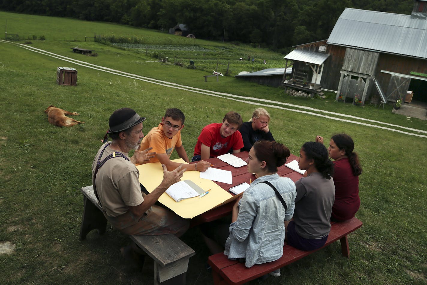 Flourish Summer Camp is a performing arts program for youth ages 11-15, located at the Dreamery Rural Arts Initiative in Wykoff, MN. Here, Larrie Underwood, a camp creative advisor, left with hat, works with campers on the design team on planning and logistics for the weekend's coming performances Thursday, August 8, 2013, in Wykoff, MN