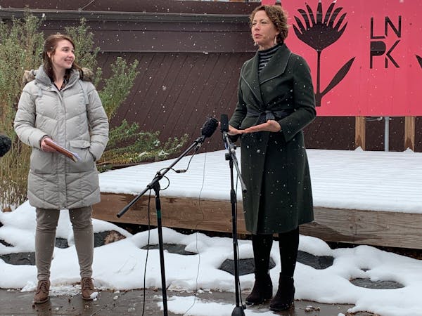 Duluth Mayor Emily Larson and economic developer Emily Nygren (left) held a news conference Tuesday to talk about the potential of fiber internet in u