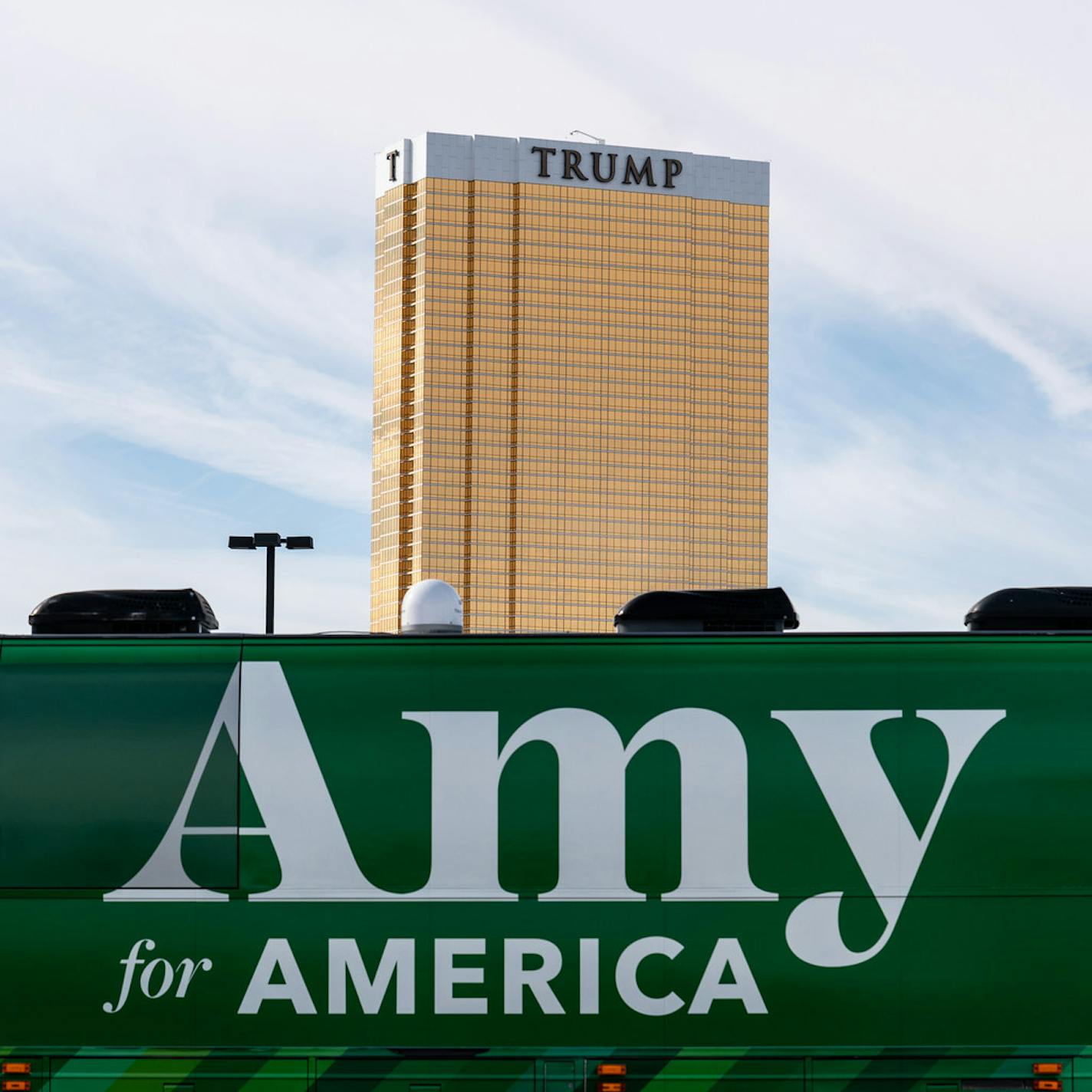 The campaign bus of Sen. Amy Klobuchar (D-Minn.), a Democratic candidate for president, is seen parked in a lot near the Trump International Hotel in Las Vegas, Tuesday, Feb. 18, 2020.