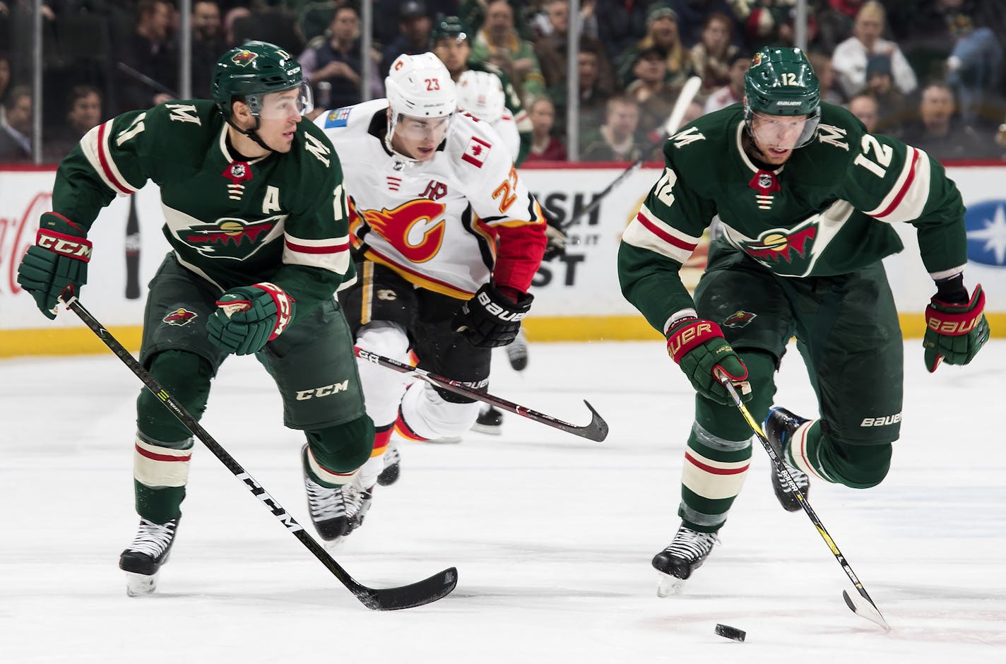 Minnesota Wild Zach Parise (11) and Eric Staal (12). ] CARLOS GONZALEZ &#x2022; cgonzalez@startribune.com - St. Paul, MN - January 9, 2018 - Xcel Energy Center - NHL - Hockey - Minnesota Wild vs. Calgary Flames