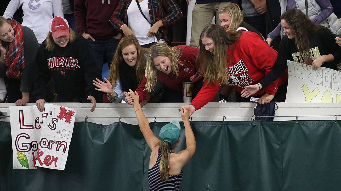 Senior Hayley Haakenstad of Chanhassen celebrated after her victory over Isabella Lambert of Minnetonka to win the 2015 Class 2A girls' tennis singles championship.