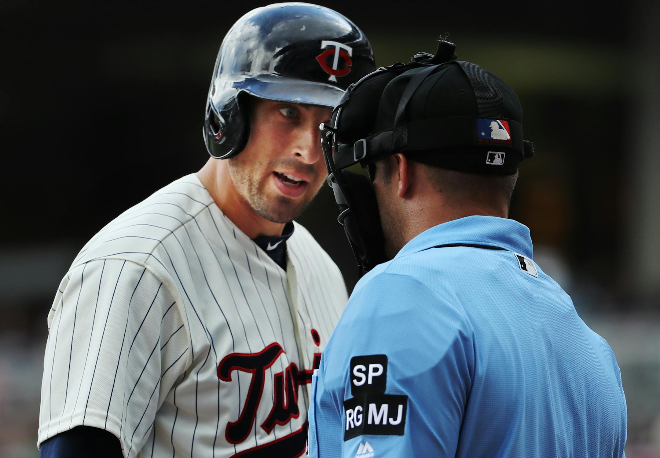 The Twins' Jason Castro had words with home plate umpire Will Little after he struck out looking with the bases loaded in the seventh inning. ] Twins vs Tigers at Target Field on 7/23/17. Richard Tsong-Taatarii/Richard Tsong-taatarii@startribune.com