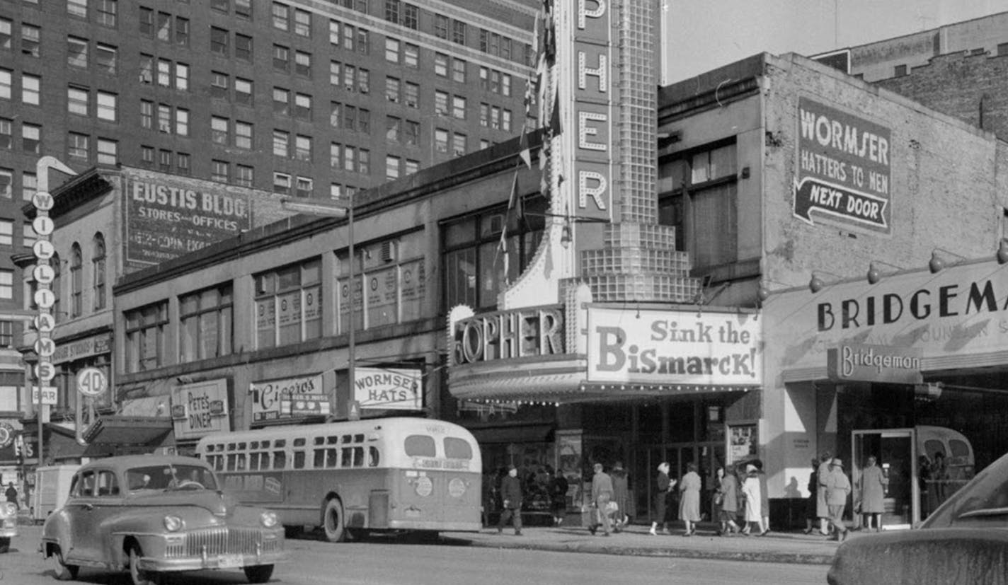 HENN3: Hennepin Av. between 6th Street and 7th Street 1960: Gopher Theatre. The movie theater&#x2019;s roots reached to 1910, when it was the Grand Theater. In 1938 it was renovated (by architects Liebenberg and Kaplan, of Uptown, Suburban World and Varsity theaters fame) and renamed, and demolished in 1981. That&#x2019;s the 105-year-old Plymouth Building in the background. ORG XMIT: MIN1601191405270055