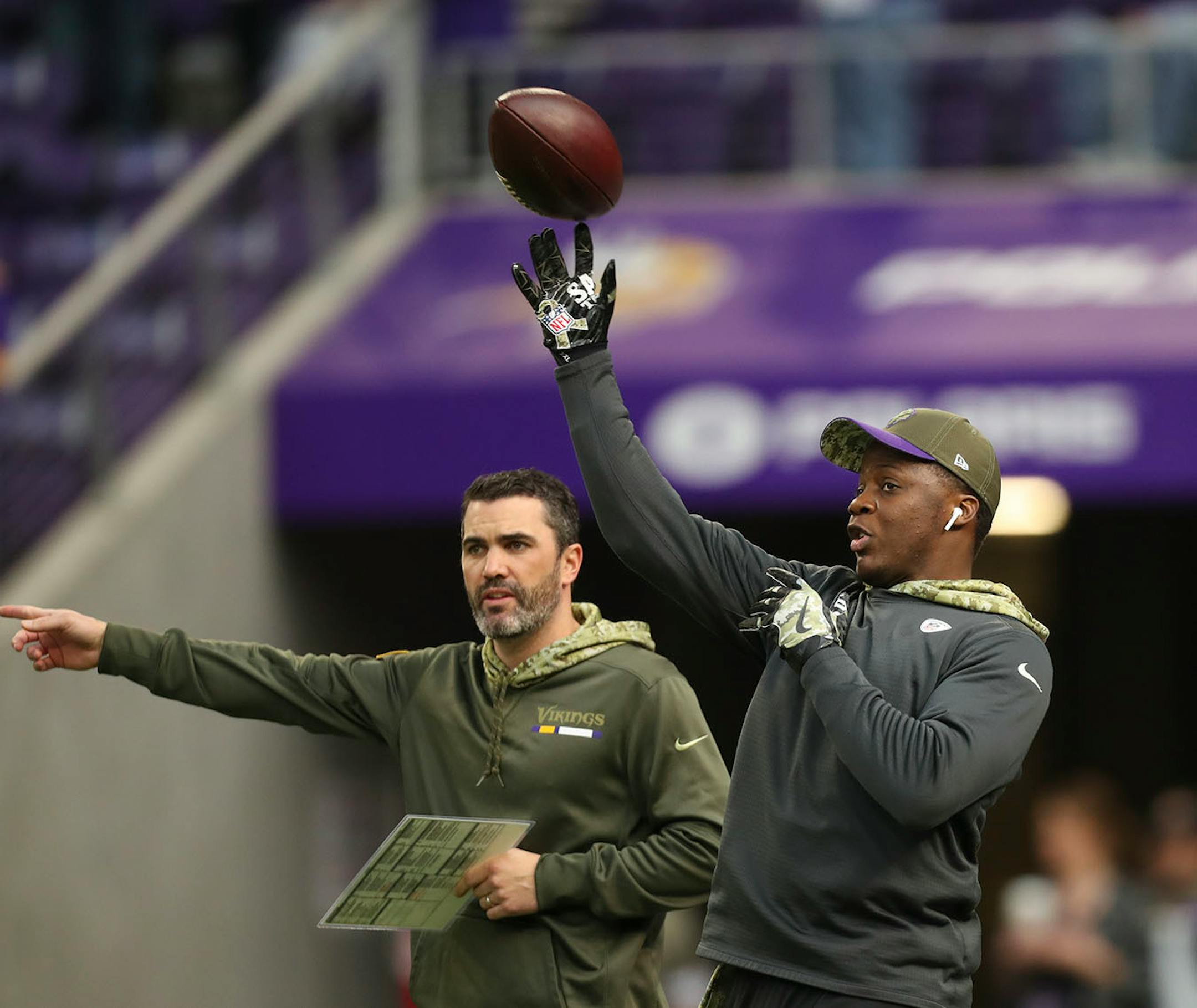 Vikings' quarterbacks coach Kevin Stefanski, seen her working out with Teddy Bridgewater, is believed to be the front-runner for Minnesota's vacant offensive coordinator job. But there are snags.