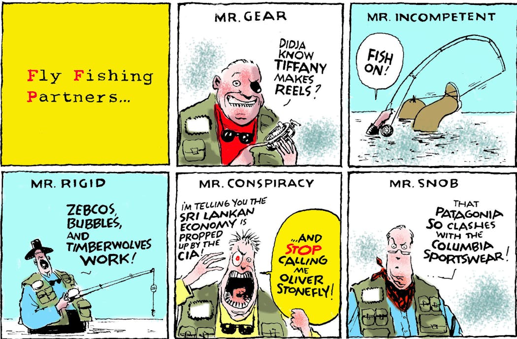 An illustration by Jack Ohman from his most popular trout fishing book, “Fear of Fly Fishing.’’