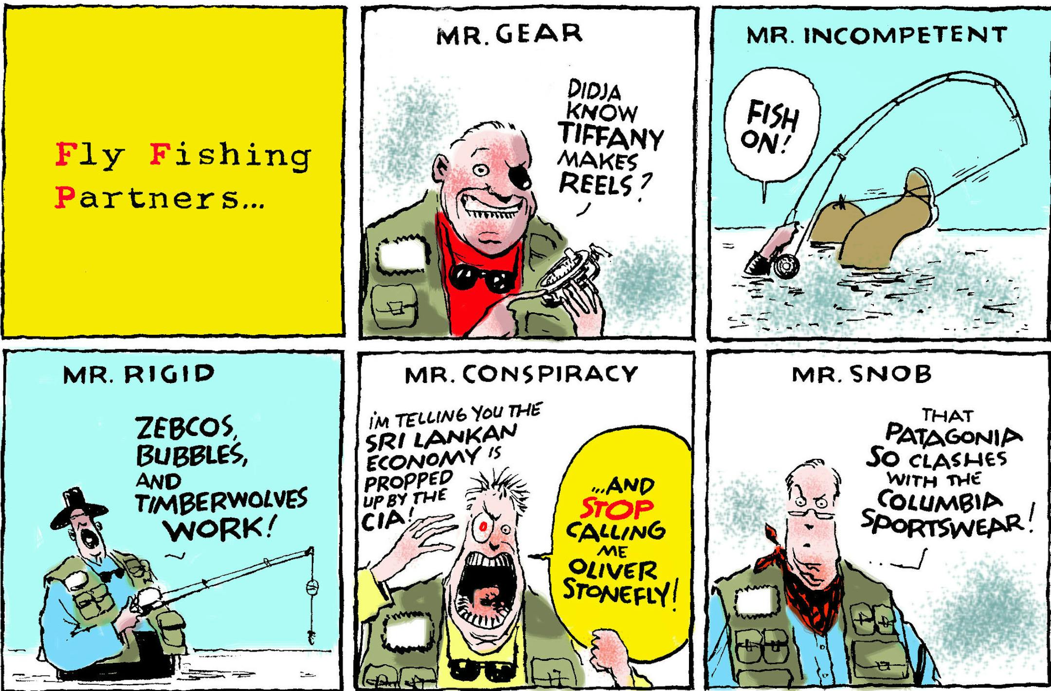 An illustration by Jack Ohman from his most popular trout fishing book, "Fear of Fly Fishing.''